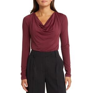 Open Edit Nordstrom Draped Cowl Neck Long Sleeve Crop Top Burgundy Red Size L